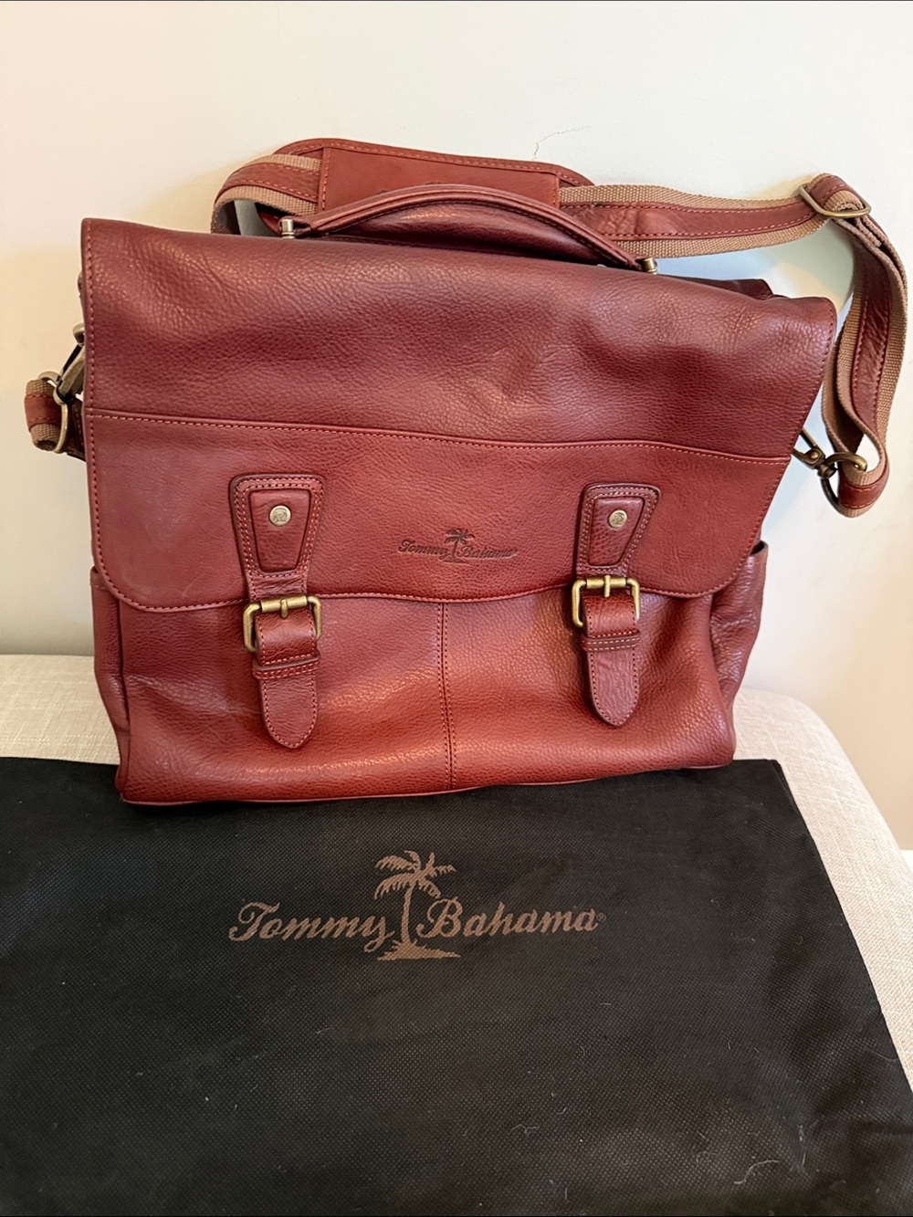 Tommy Bahama Red Leather Briefcase / Messenger Bag with Brass Buckles